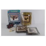 Four crewel kits,  embroidery hoop, and scissors