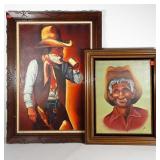Two framed western cowboy canvas paintings, 31.5"