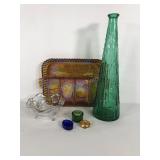 Glass group, includes colored salt cellars, genie