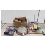 Household tools, painting supplies, hammer, light