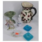 Group of ceramic pieces, pitcher, figurines, pin