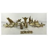 Brass group, figurines, curtain tie backs, vase,