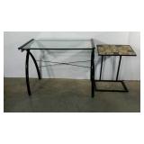 Mosaic stand and glass topped desk 20 x 39 x 29,