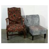 Two upholstered chairs, arm chair has wear as