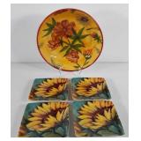 Ceramic bowl and four sunflower appetizer plates