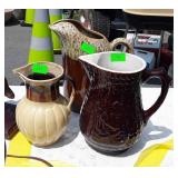 3 early pcs brown pottery Milk Pitcher