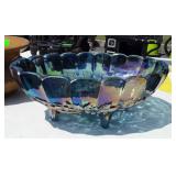 Blue Carnival Glass Footed Fruit Bowl