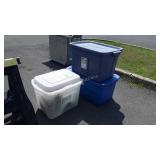 Three poly Storage Totes, 20, 25 gallon and