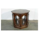 Octagonal end table, curved glass double doors,