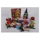 Toy lot, cartoon figurines, race cars, baseball