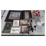 Wall art, dolls, glass decanters, biscuit jar,