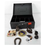 Metal cash box with matches, trick dogs, cast