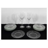Glassware, two wine glasses with set of 12 etched