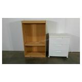 Laminate bookcase and plastic storage tower,