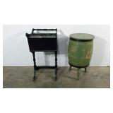 Sewing stand and barrel stand, painted, barrel is