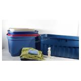 Group of totes without lids, towels and wash