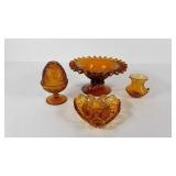 Amber glass group, blown glass pedestal bowl, 9",