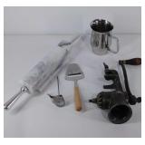 Group of kitchen items, marble rolling pin with