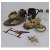 Group of miniature items, silver toned ashtray &