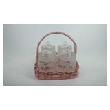 Hazel Atlas nursery dresser jars in wood caddy