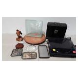 Metal file box, lazy Susan, ceramic dog figure,