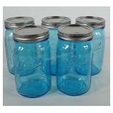 Five blue ball wide mouth Mason jars