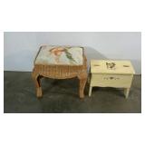 Shoe shine box, painted, and a wicker stool with