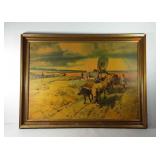 Western art print, mules and stage coach, framed,