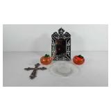 Home decor, includes two glass pumpkins, mirror,