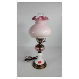 Pink and white parlor lamp, stands 20"