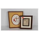 Wall art, bird print and raised relief fairies,