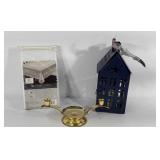 Home decor, brass candle holder, lace table