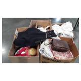 Skid lot: bedspreads, dishes, curtains, reindeer