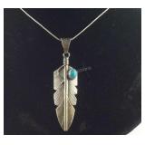 Sterling silver turquoise feather necklace signed