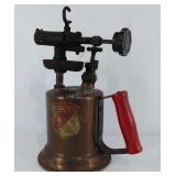 Brass blow torch, wood. Handle