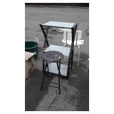 Two pc lot, stool seat, 3 glass shelf media rack
