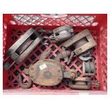 6 Early Barn Rope Pulleys plus the milk crate