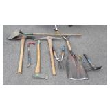 Group of Long Handle Tools, shovel, pick, maddox,