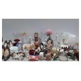 Porcelain figurines, statues, vases, wall shelf,