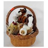 Basket of stuffed animals, includes horse,
