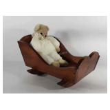 Wooden doll cradle with Inerpur plush bear, 19" ×