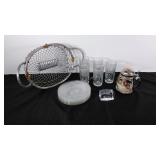 Group of household items, glassware, stein, metal