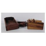 Two wooden trays and a wood box with 6 wood