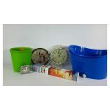 Group of home decor, totes, clocks and a paint by