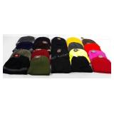 Eighteen beanies and face shields in various