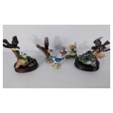 Five porcelain bird figurines,  2 with music