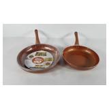 Cookware, two copper skillets, 10.5" and 12"