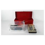 Tools, includes metal tool box with tape measure,