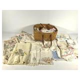 Vintage textiles, basket full, includes mainly
