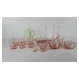 Glassware, includes pink depression glass bud